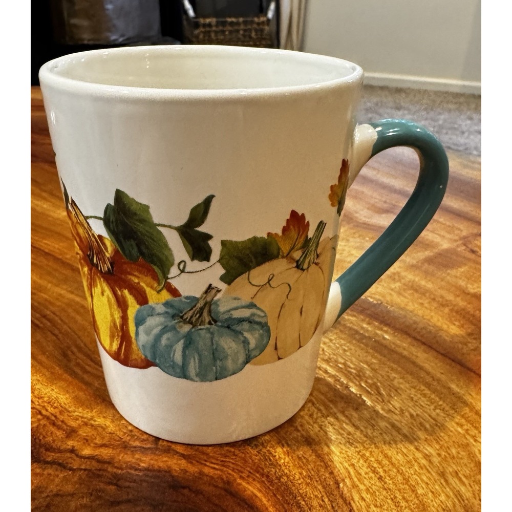 Royal Norfolk Pumpkin Mug Teal Handle 16 Oz Fall Autumn Thanksgiving Coffee Cup